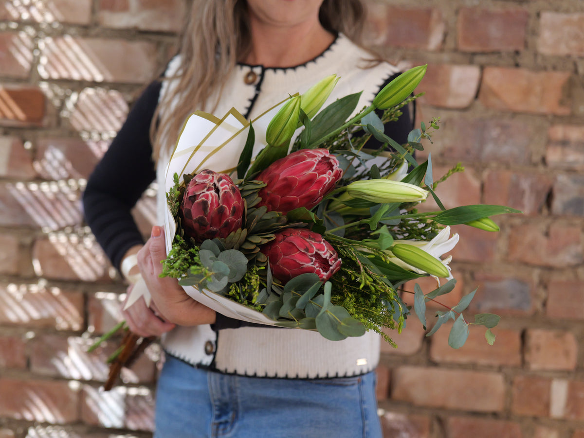 Pink Proteas, Eucalyptus & Casablancas