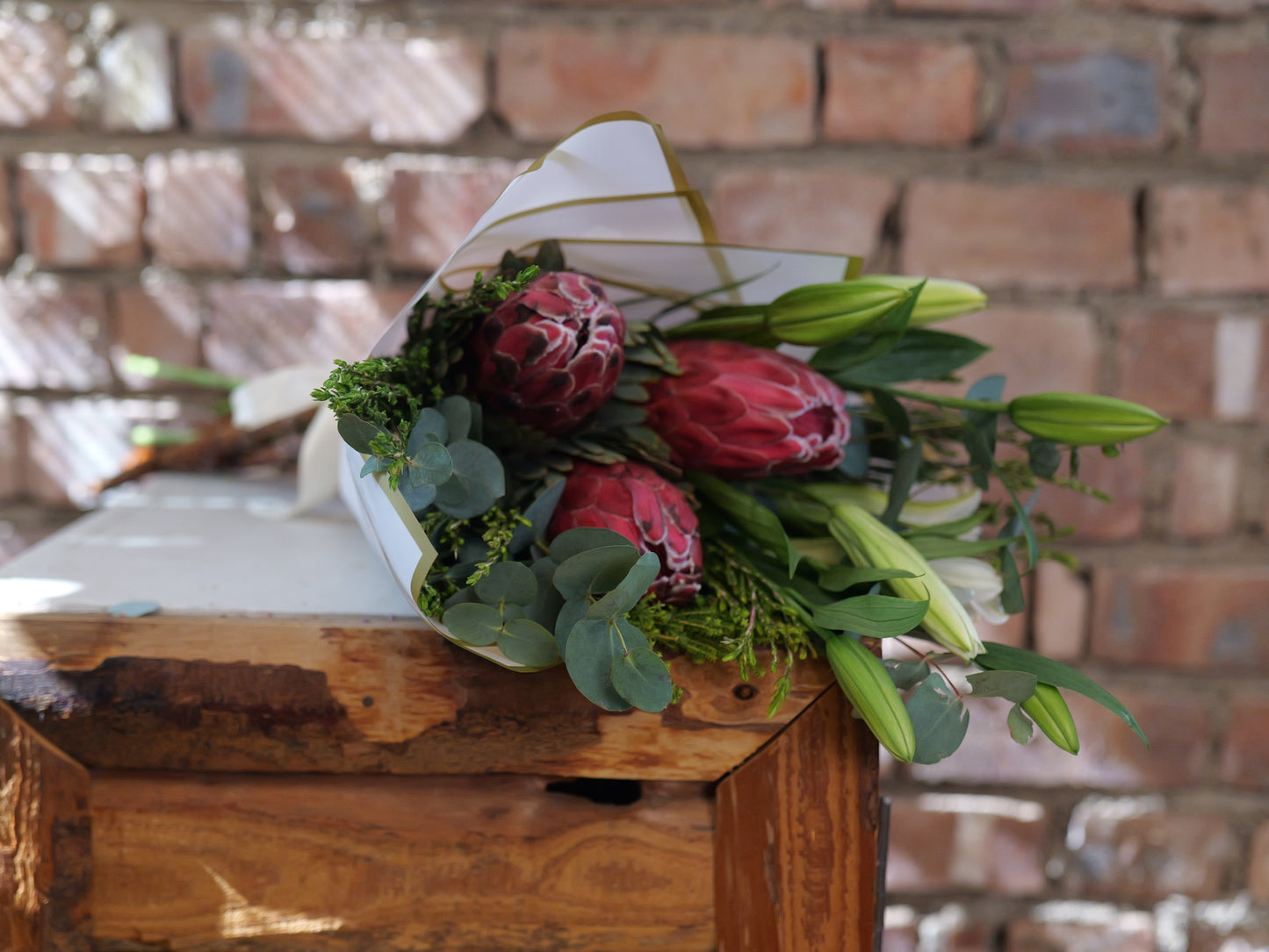 Pink Proteas, Eucalyptus & Casablancas